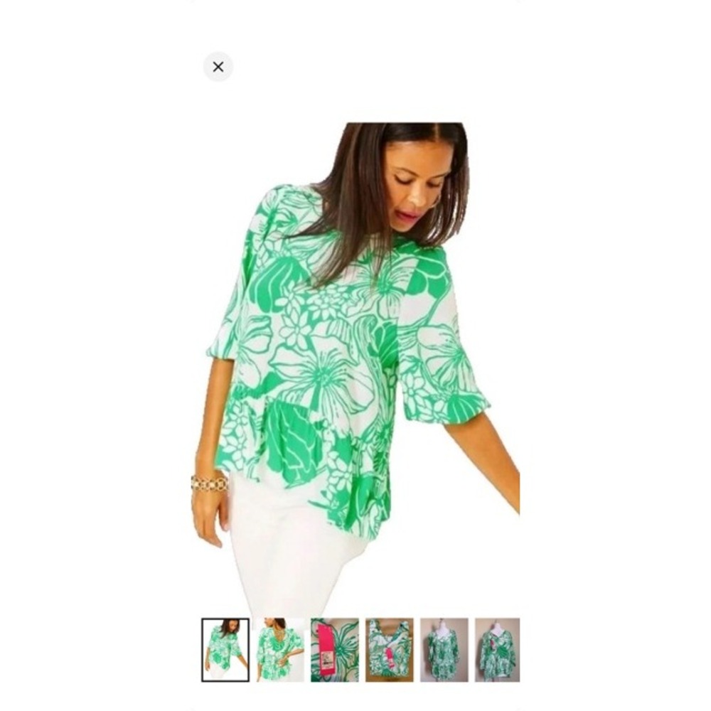 Lilly Pulitzer Peplum Top Womens XL Green White Excellent Floral Tie Back Blouse